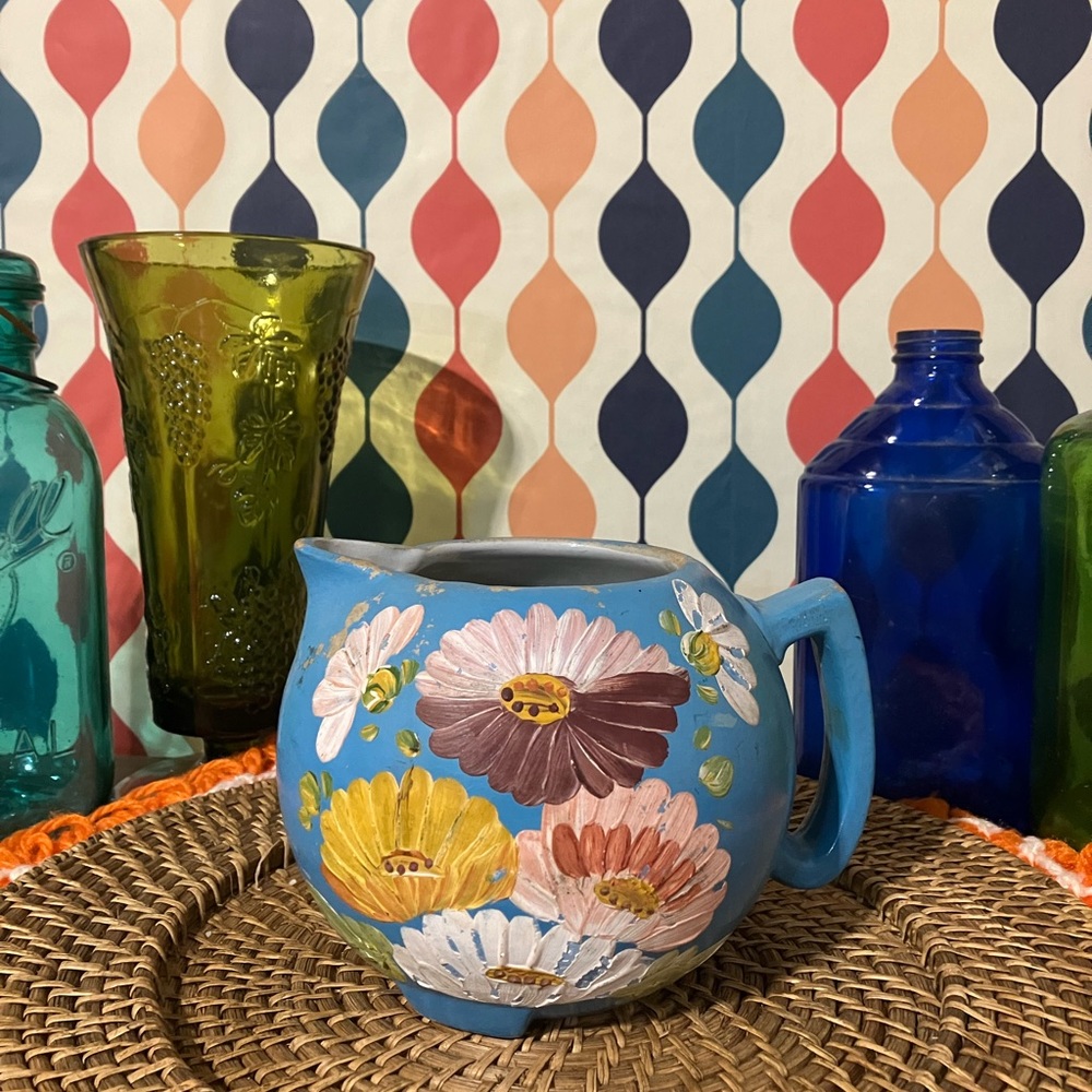 Rare Vintage Ransburg Sky Blue Hand Painted Floral Pitcher - Picture 1 of 9